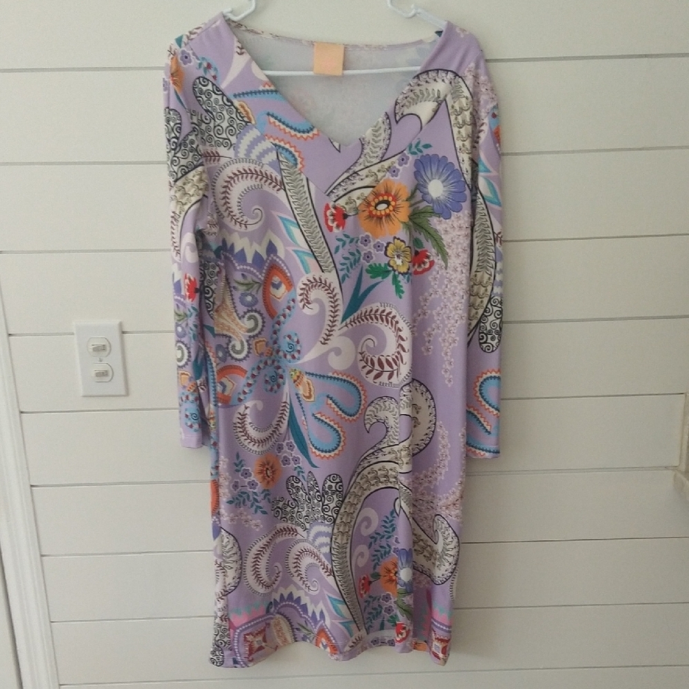 Parisou Multicolor Long Sleeve Orchid Lavender Floral Dress Large